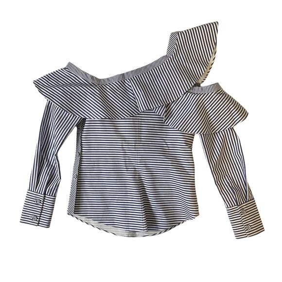 Self Portrait Asymmetrical Blue Striped Top Blouse Size 2 - Picture 2 of 13